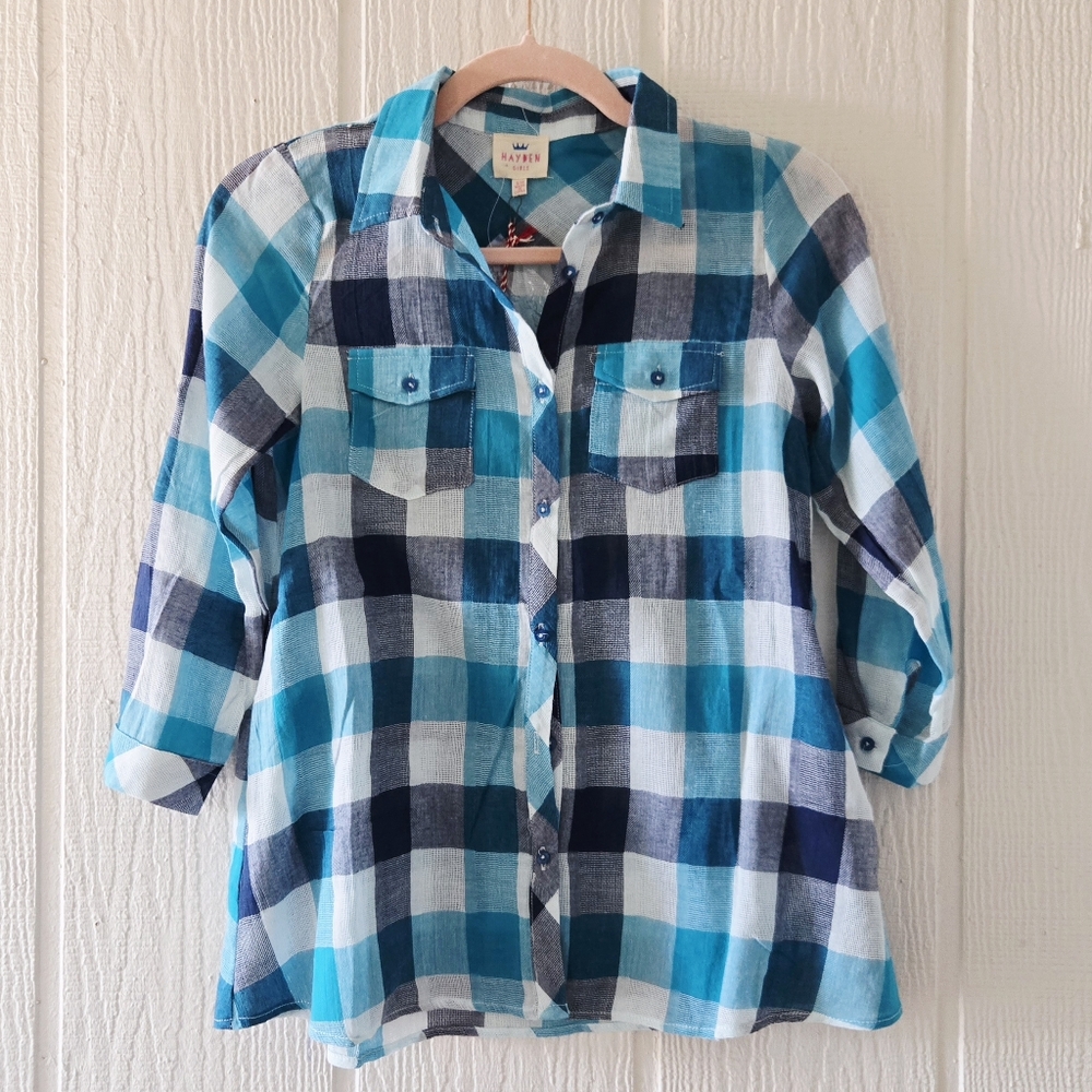 HAYDEN GIRLS Oversized Blue Plaid Button Down Longsleeve Pockets NWT  sz 9/10